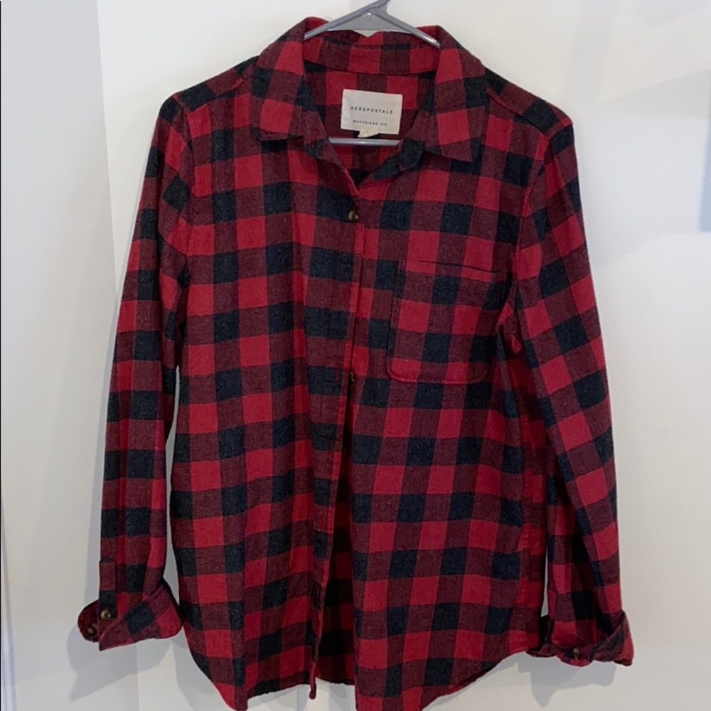 red and black boyfriend-style distressed flannel